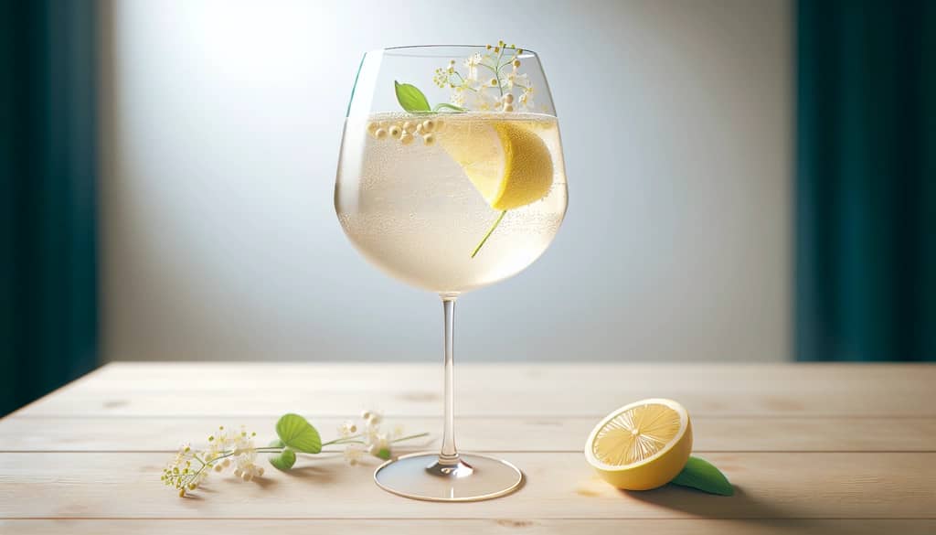 St. Germain Spritz cocktail in a large wine glass with elderflower blossoms