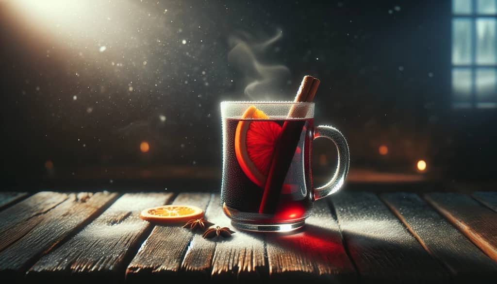 vino caliente humeante en una taza de cristal sobre barra de madera