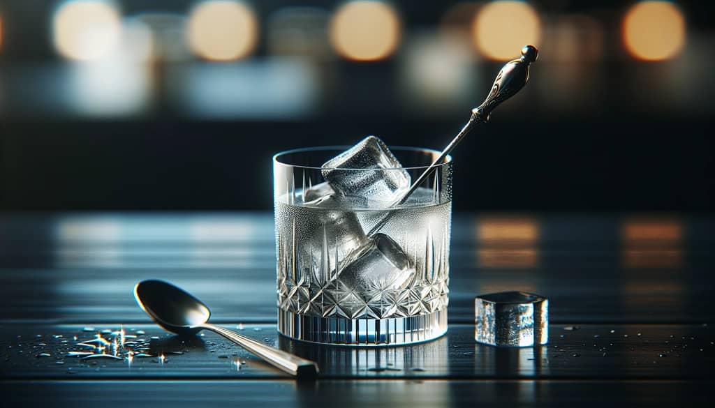 cocktail remué dans un verre à mélange avec un liquide clair