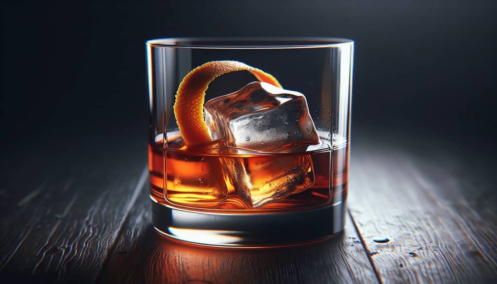 Stirred Maple Old Fashioned in rocks glass with ice