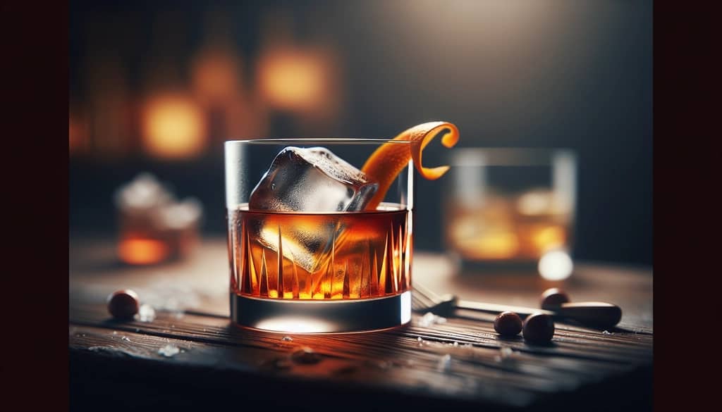single old fashioned cocktail with ice cube and orange twist