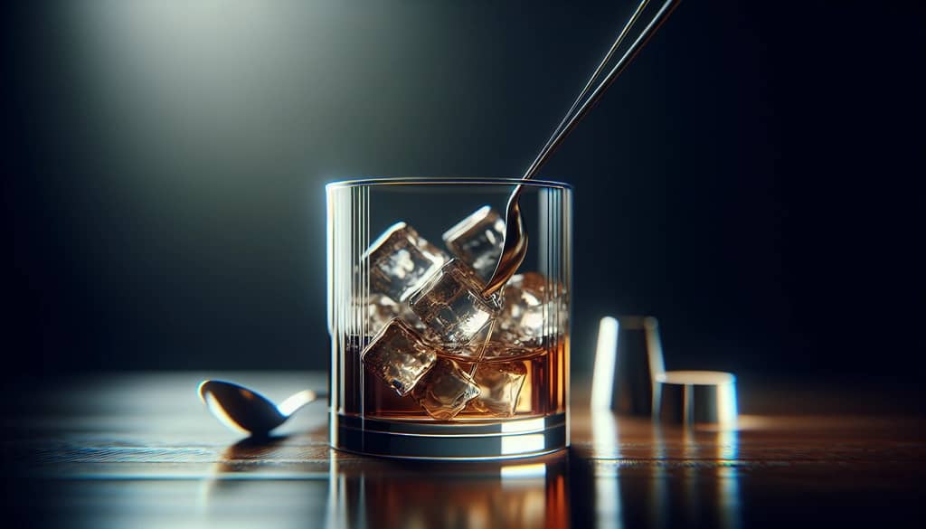 bar spoon stirring a cocktail over clear ice in a mixing glass
