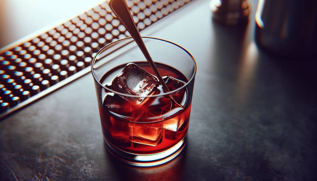 stirring chocolate negroni in mixing glass