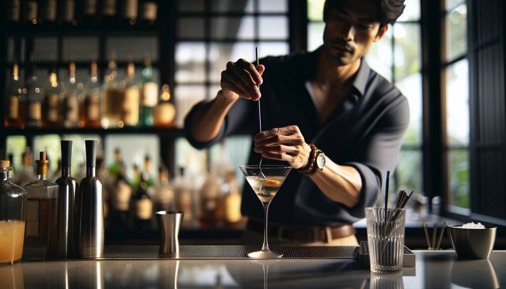 bartender revolviendo un martini en un vaso mezclador en casa