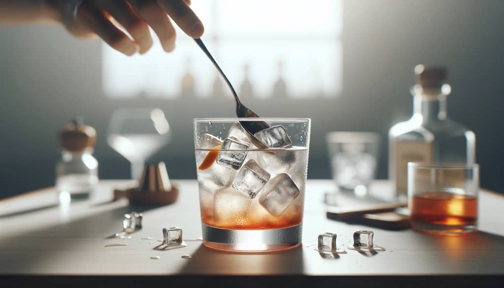 stirring negroni bianco over ice in mixing glass