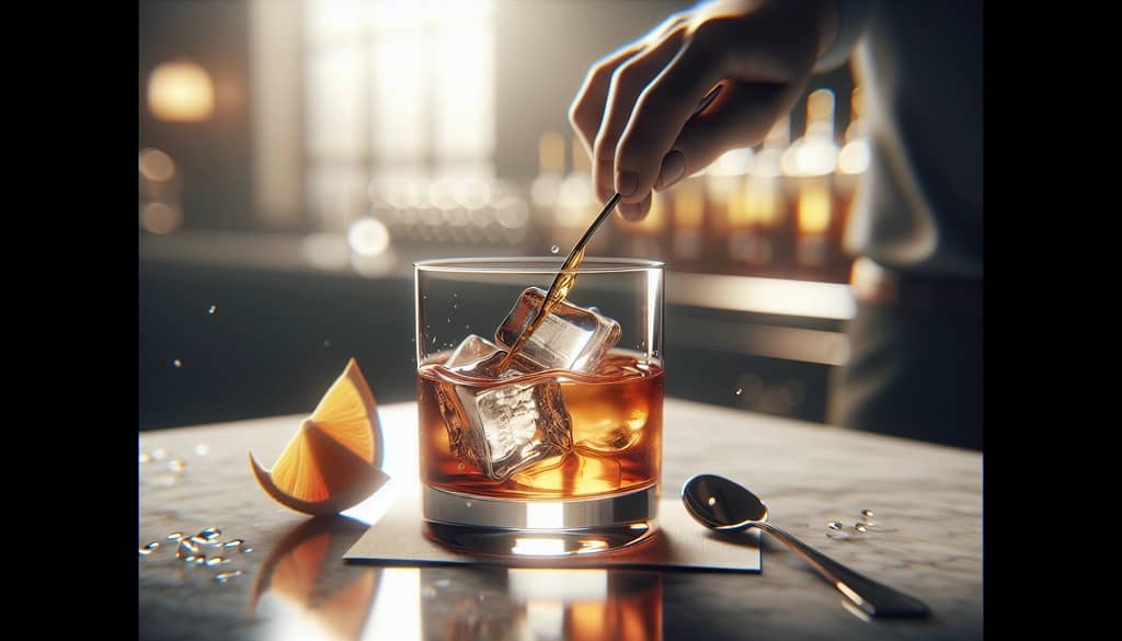 stirring an Old Fashioned cocktail in a rocks glass