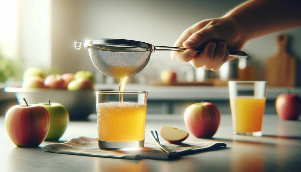 fine mesh strainer filtering fresh apple juice