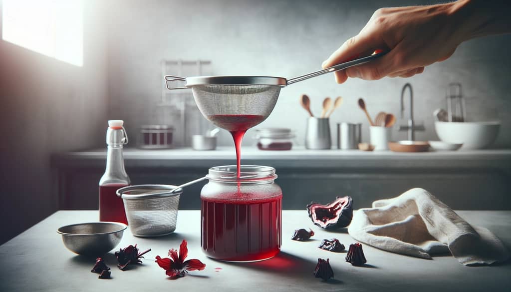 straining hibiscus syrup for cocktails