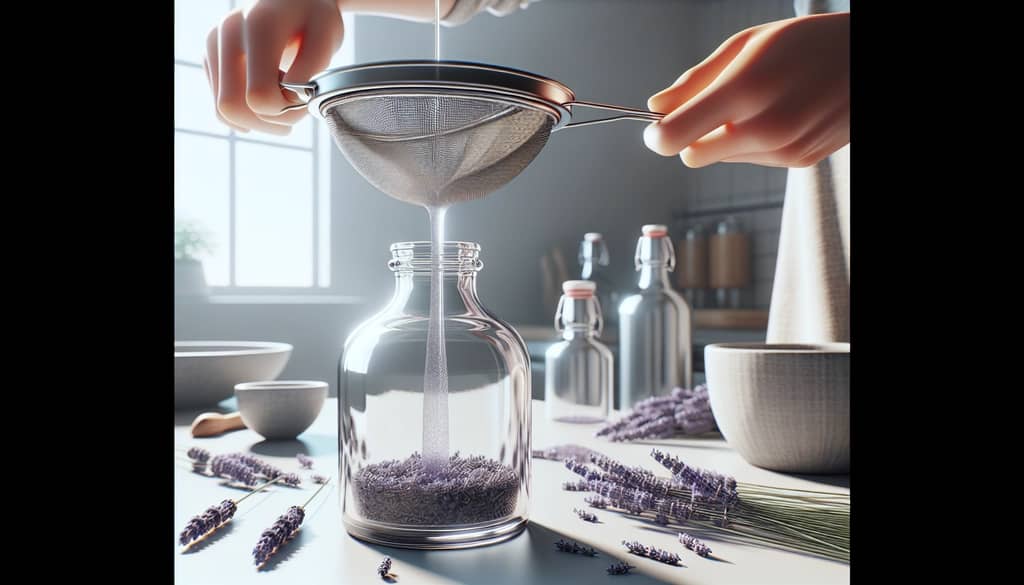 straining lavender syrup into bottle