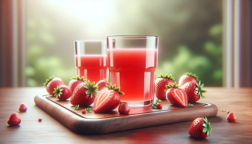 Strawberries and juice on cutting board