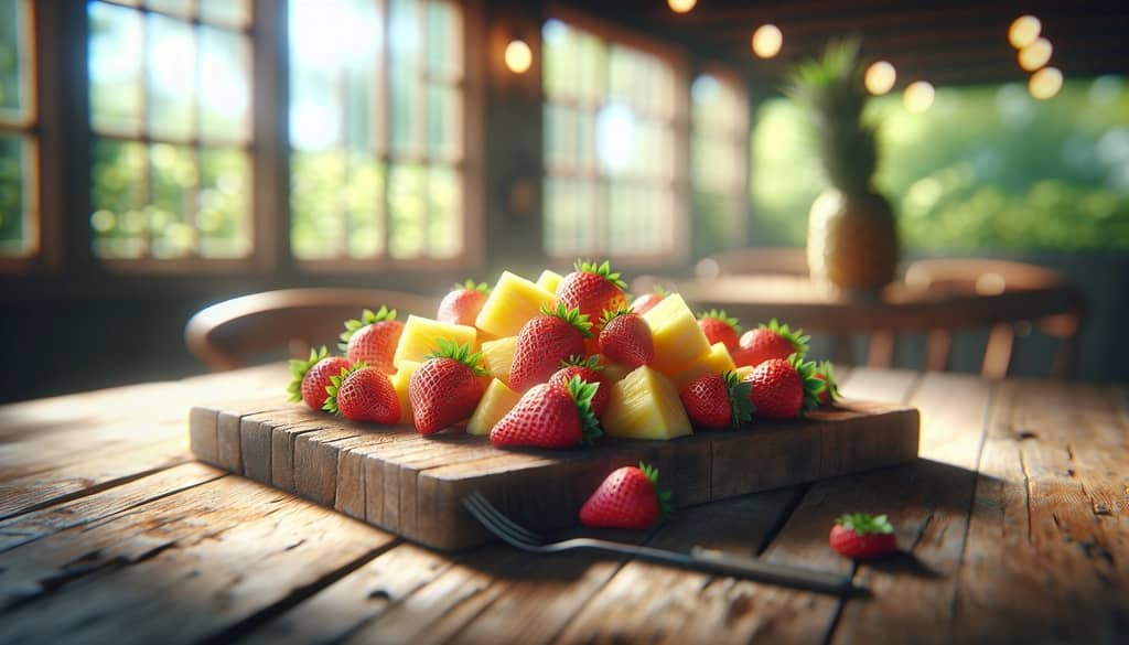 Fresh strawberries and pineapple chunks on a wooden board