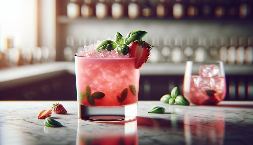strawberry basil margarita in a glass with basil leaf garnish