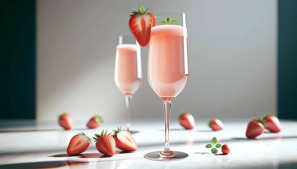 mimosa champagne dâu tây trong ly flute với trang trí dâu tây