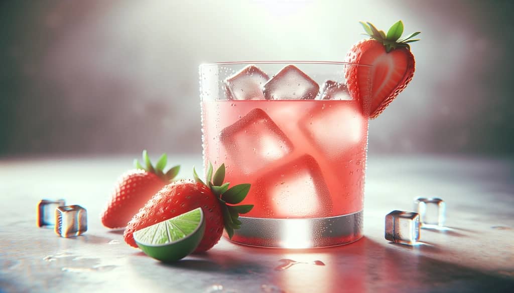 strawberry daiquiri on the rocks in a lowball glass with lime wheel