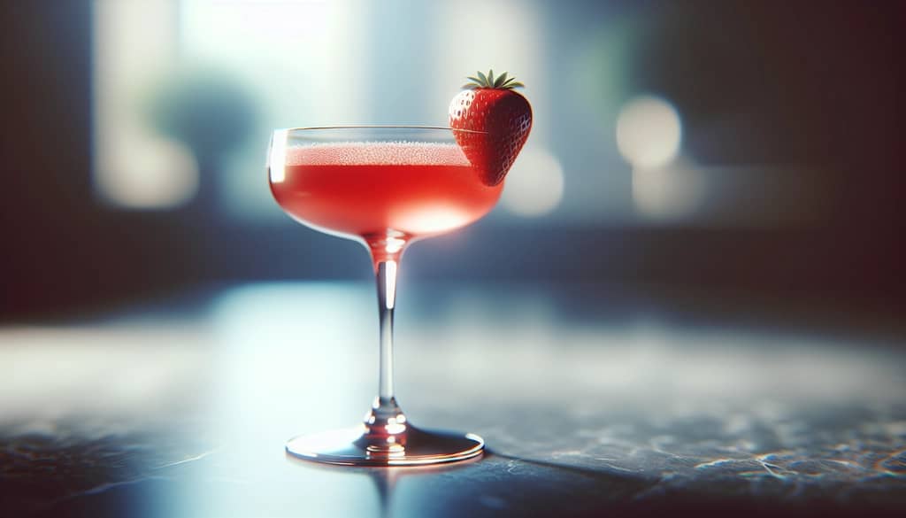 strawberry cocktail garnish on coupe glass