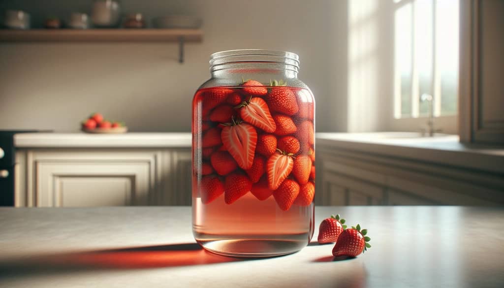 strawberries infusing in a jar with vodka
