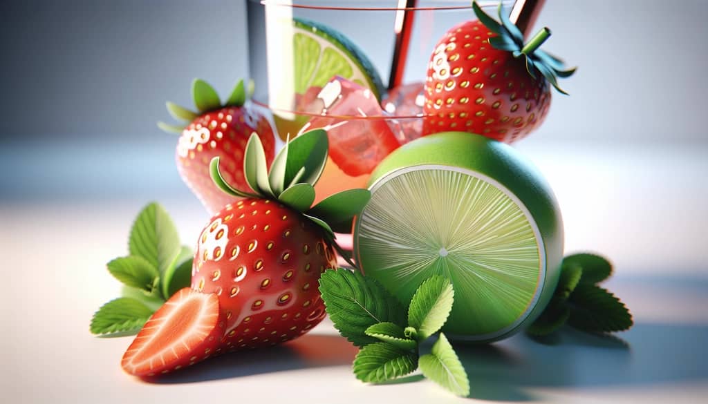 Decorative garnishes for strawberry margaritas including lime and strawberry