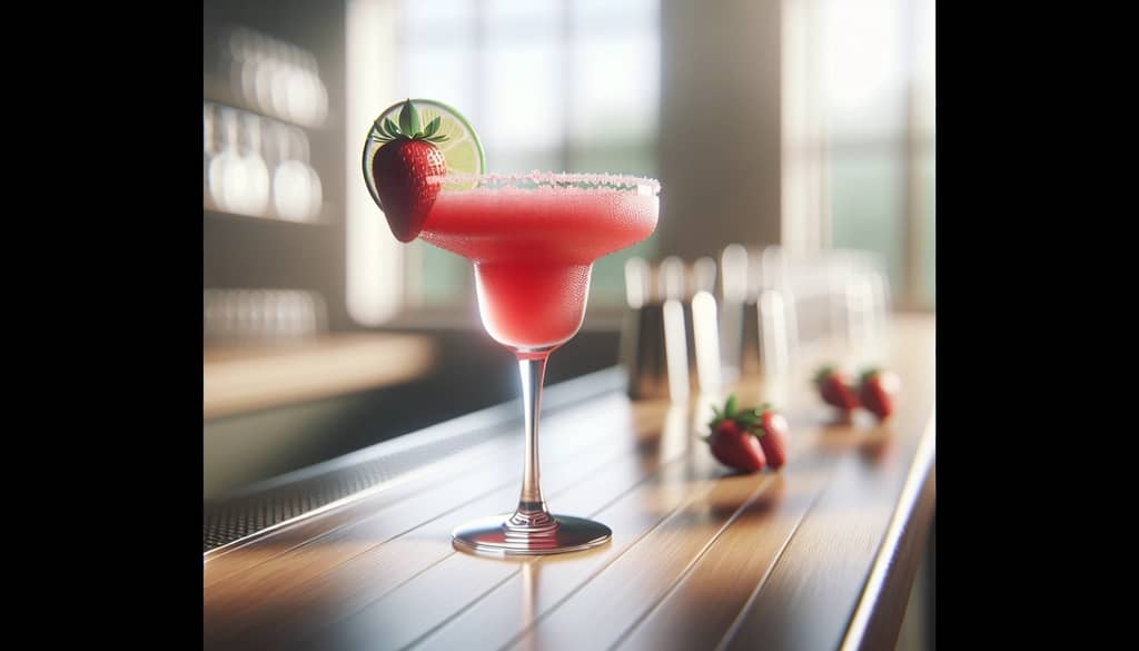 strawberry margarita with garnish in rocks glass
