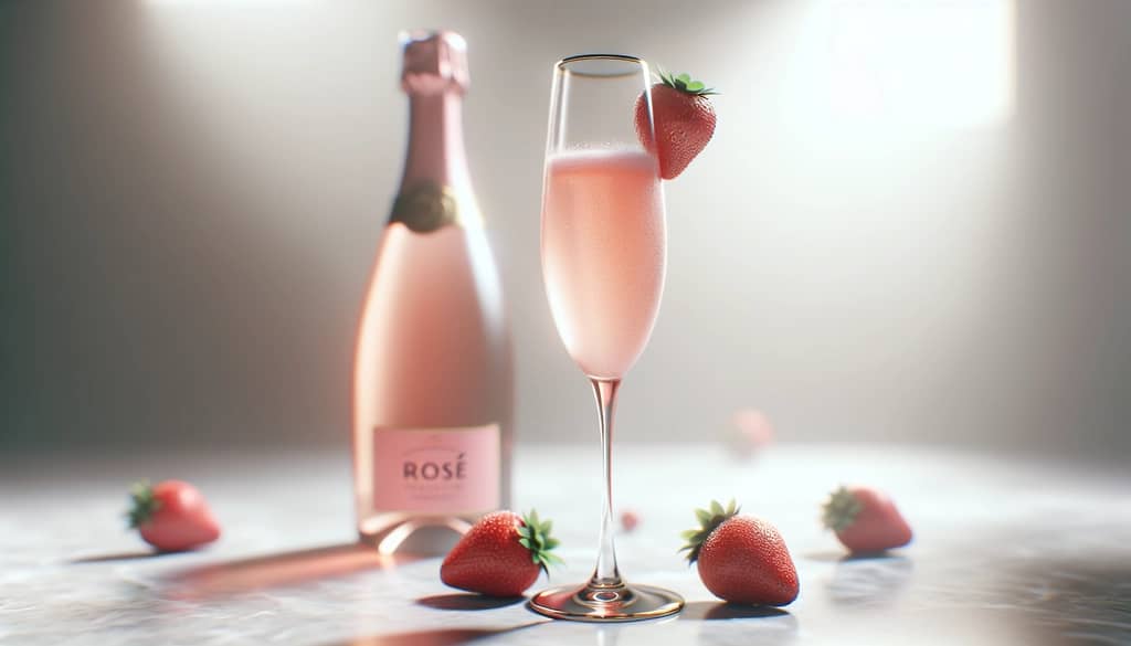 strawberry champagne mimosa with rosé sparkling wine bottle