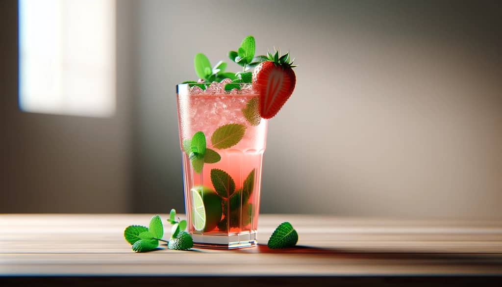 strawberry mint mojito served in a tall glass with garnish