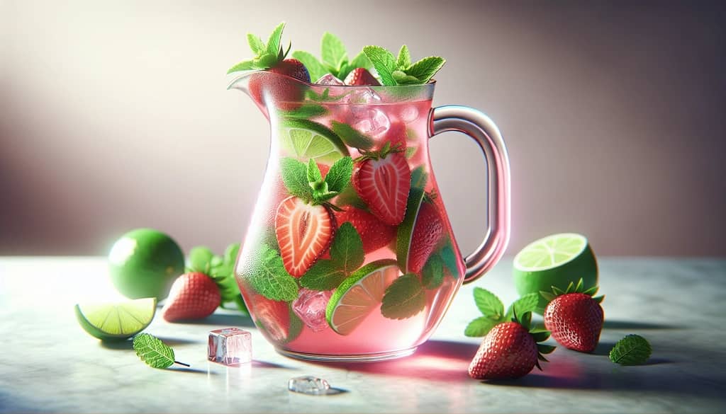 jarra de mojito de fresa y menta con lima y menta