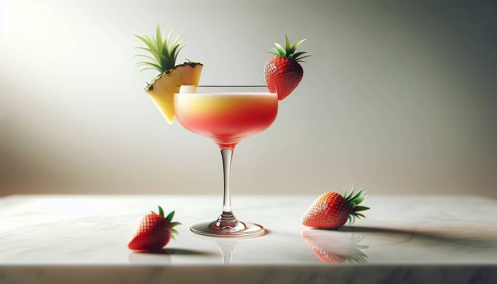 Daiquiri stroberi nanas dalam gelas coupe dengan hiasan stroberi dan nanas