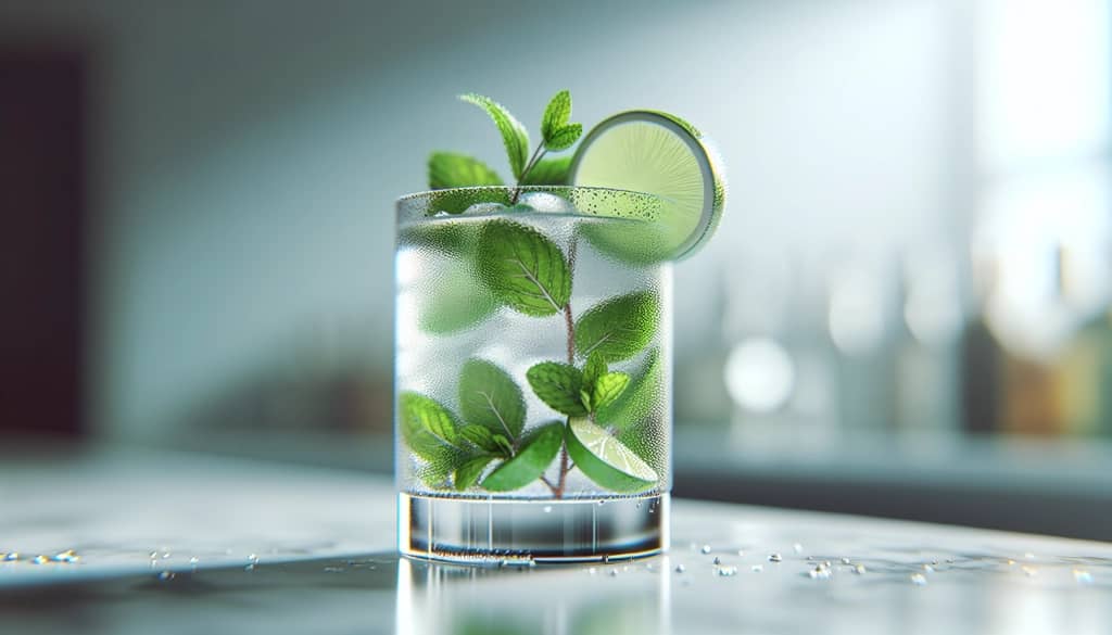 mojito de vodka sin azúcar en un vaso highball con lima y decoración de menta