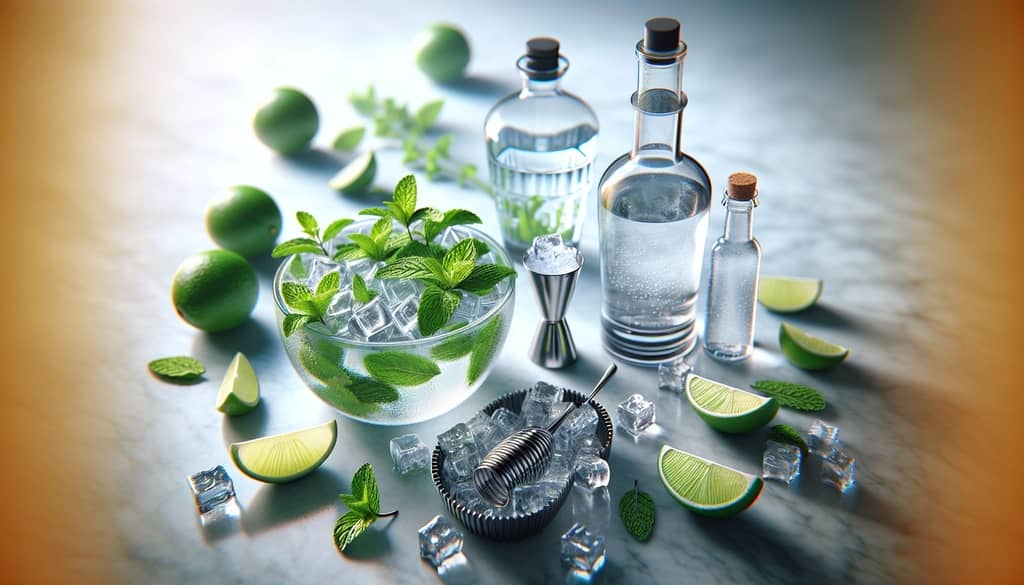 ingredients for a sugar free vodka mojito recipe on marble