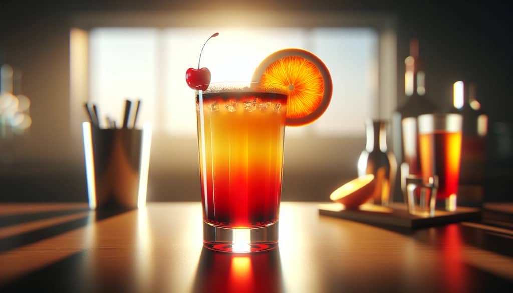 glass of orange sunrise mocktail with garnish