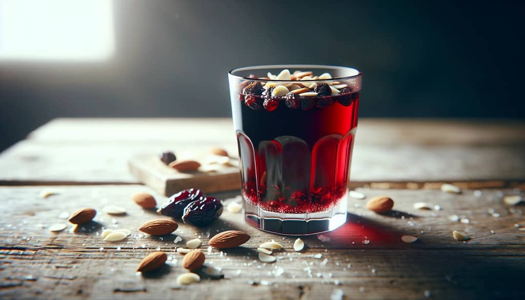 swedish glögg mulled wine in glass with almonds and raisins