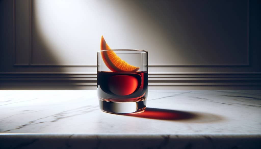 Glass of sweet vermouth with orange twist on marble