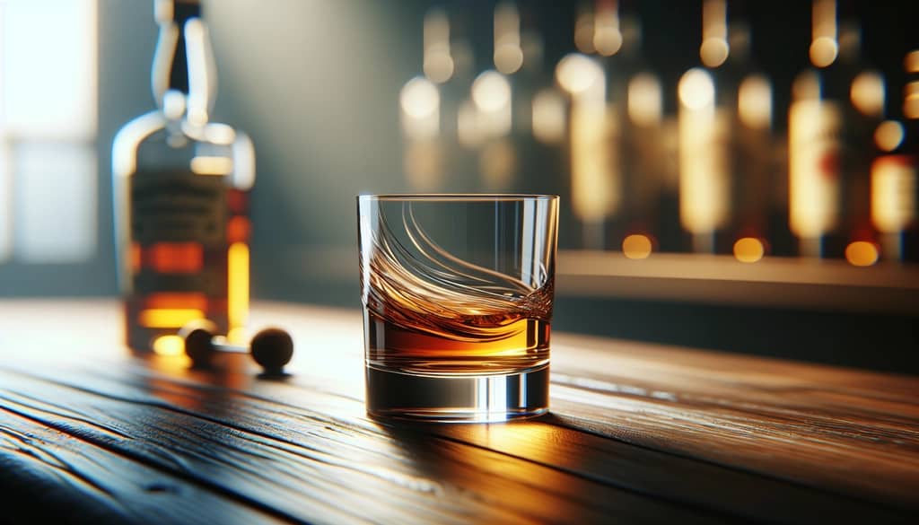 person gently swirling spirit glass on wood bar