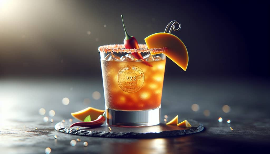 Tamarind mezcal margarita with mango and chili garnish