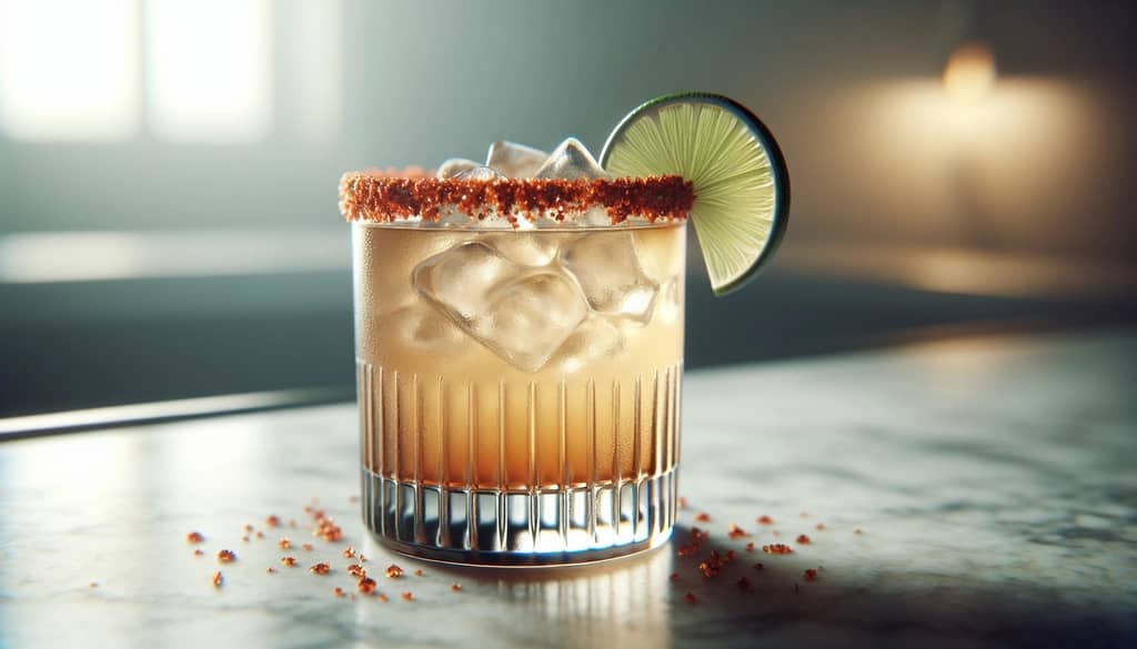 Tamarind mezcal margarita in a rocks glass with lime garnish and chili salt rim