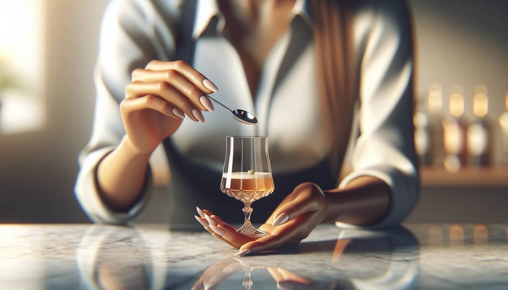 Bartender tasting a small sample of a cocktail for flavor