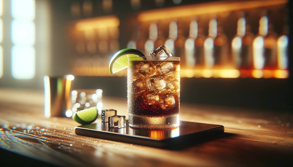 Tequila and Coke cocktail with lime on wood surface