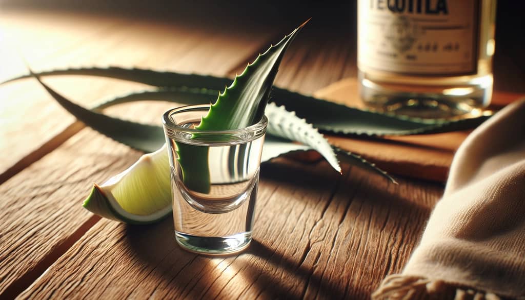 Clear tequila in a glass with agave leaf garnish