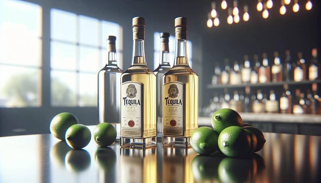 tequila bottles and fresh limes on bar