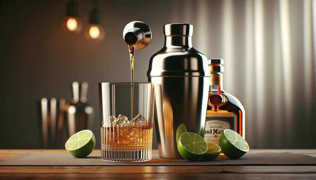 pouring tequila into cocktail shaker for margarita