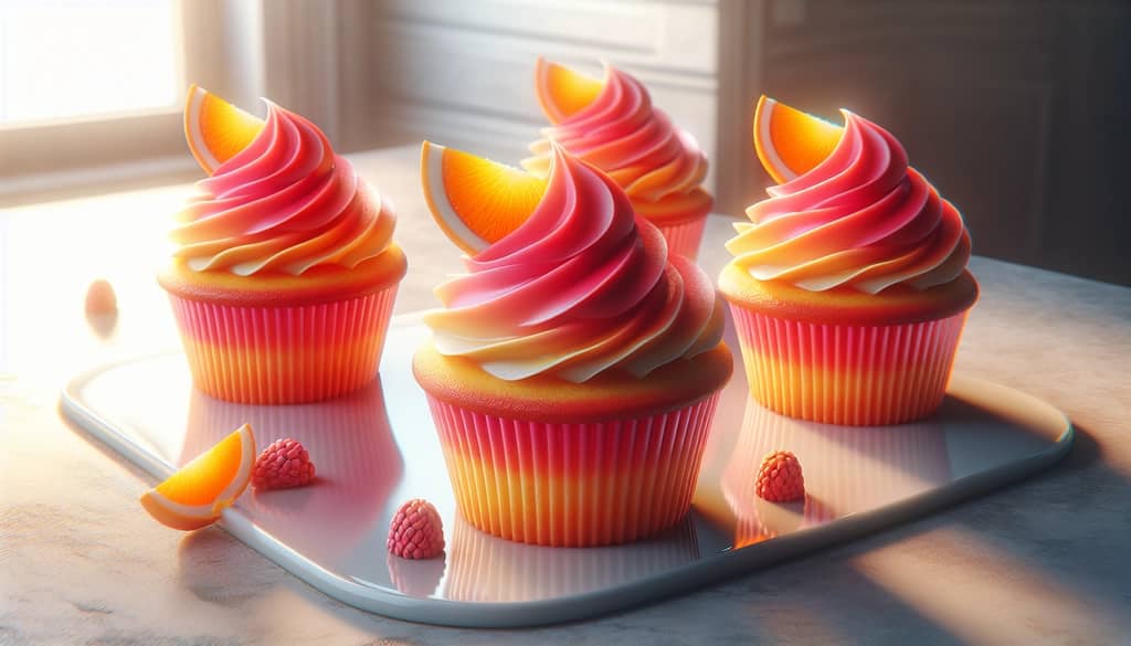 tequila sunrise cupcakes topped with pink grenadine frosting