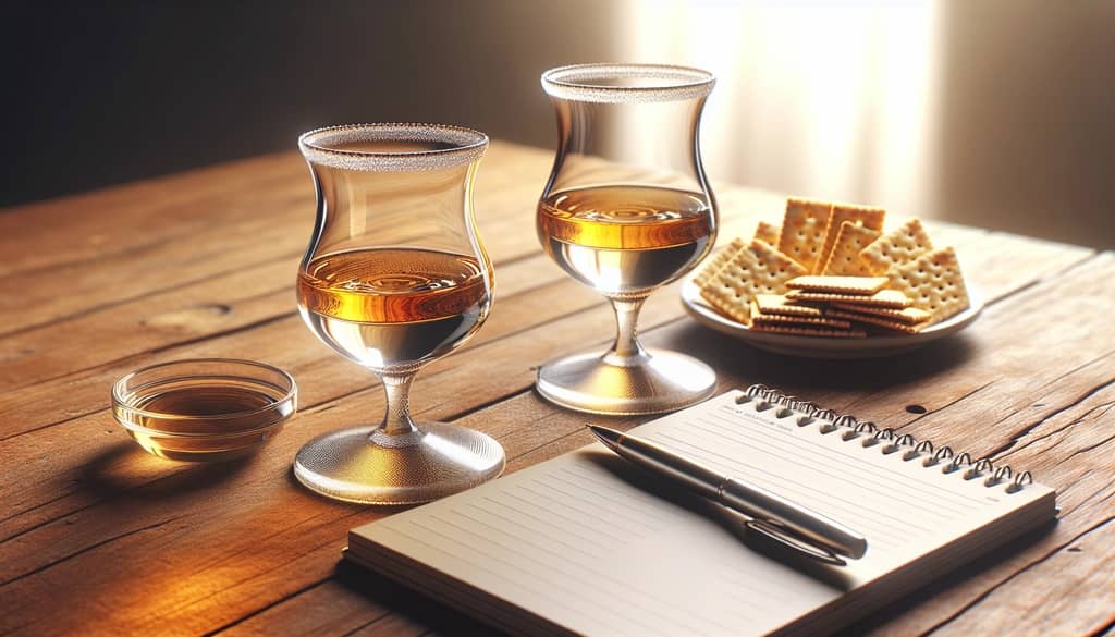 tequila glasses with tasting notes and crackers beside them