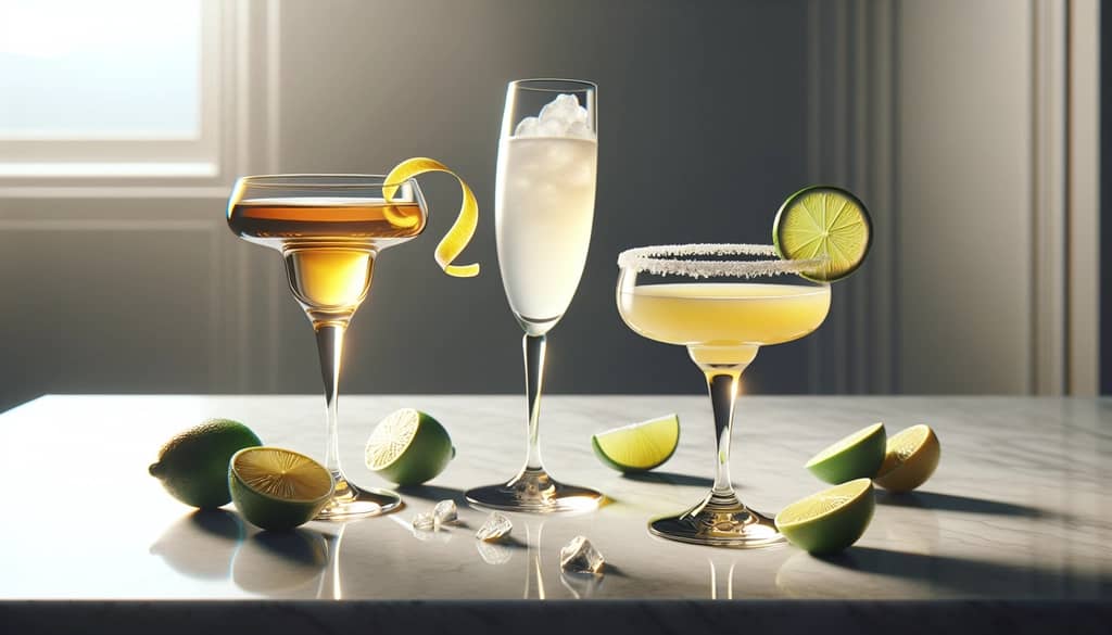group of three classic sour cocktails with different garnishes