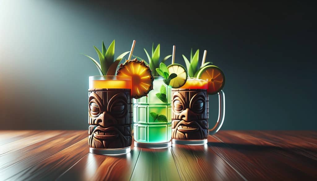 cocktail tiki beragam dalam gelas tiki keramik dengan hiasan buah