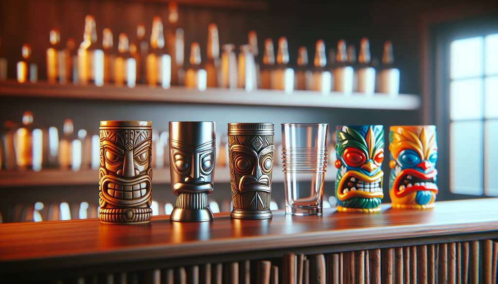 lined up tiki mugs in ceramic glass metal and plastic