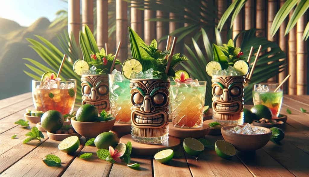 tiki party setup with mai tai cocktails and garnishes