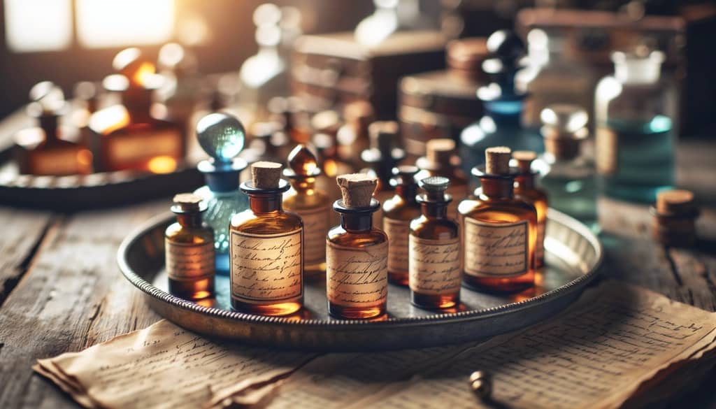 perfume bottles with handwritten labels and wax seal