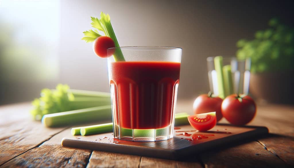 vaso de jugo de tomate sobre superficie de madera