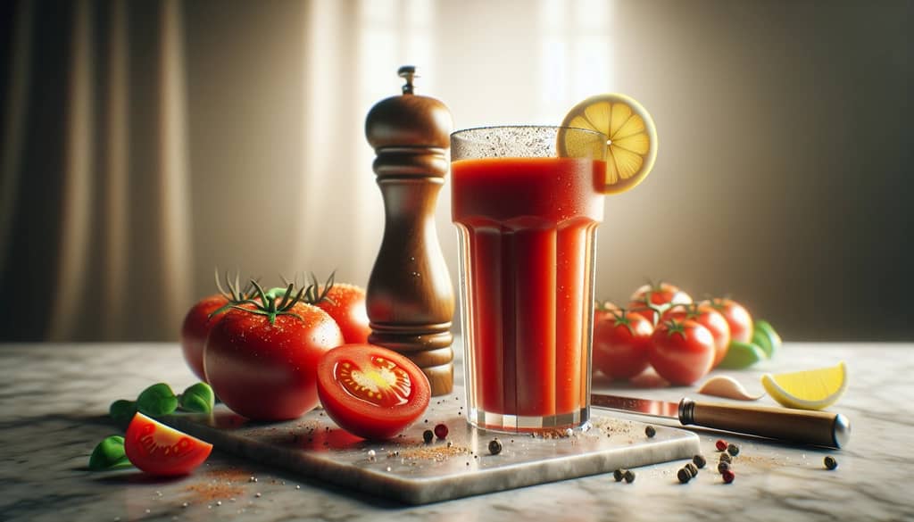 tomato juice with ingredients on marble
