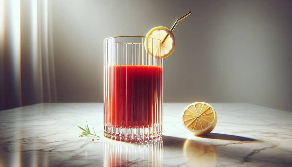 glass of tomato juice with lemon garnish