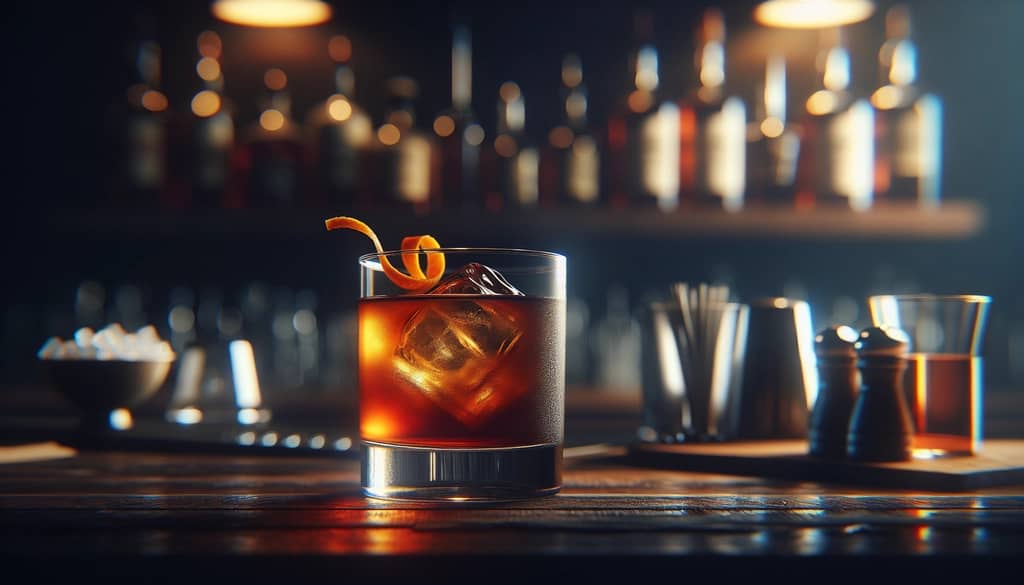 Cóctel Toronto en vaso old fashioned con twist de naranja